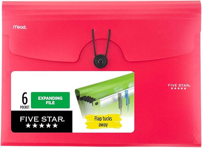 Five Star Expanding File Organizer, 6-Pocket Accordian File Organizer, Bungee Closure, Holds 11" x 8-1/2", Fire Red (350100B-ECM)