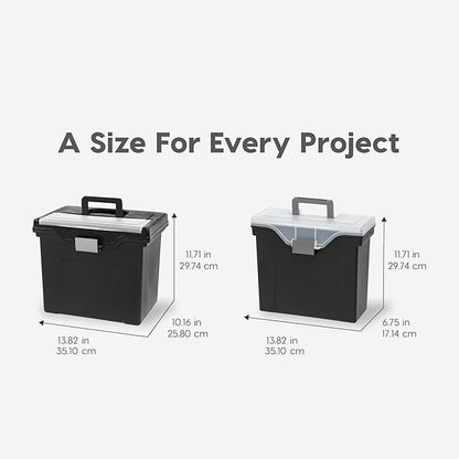 IRIS USA File Box with Lid File Organizer for Letter File w/ Organizer-Lid, Water Resistant Document Box, Plastic Mobile Filing Organizer, Secure Buckle, Portable Handle, Lockable, Black 4 Pack