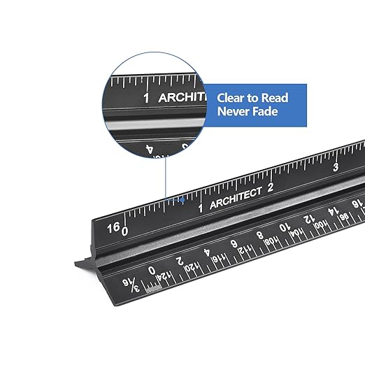 Architectural Scale Ruler with Straight Ruler, 12 Inches Imperial Measurements, Blcak Laser-Etched Aluminum Architect Triangular Ruler for Architects, Engineers, Architects, Students and Draftsman