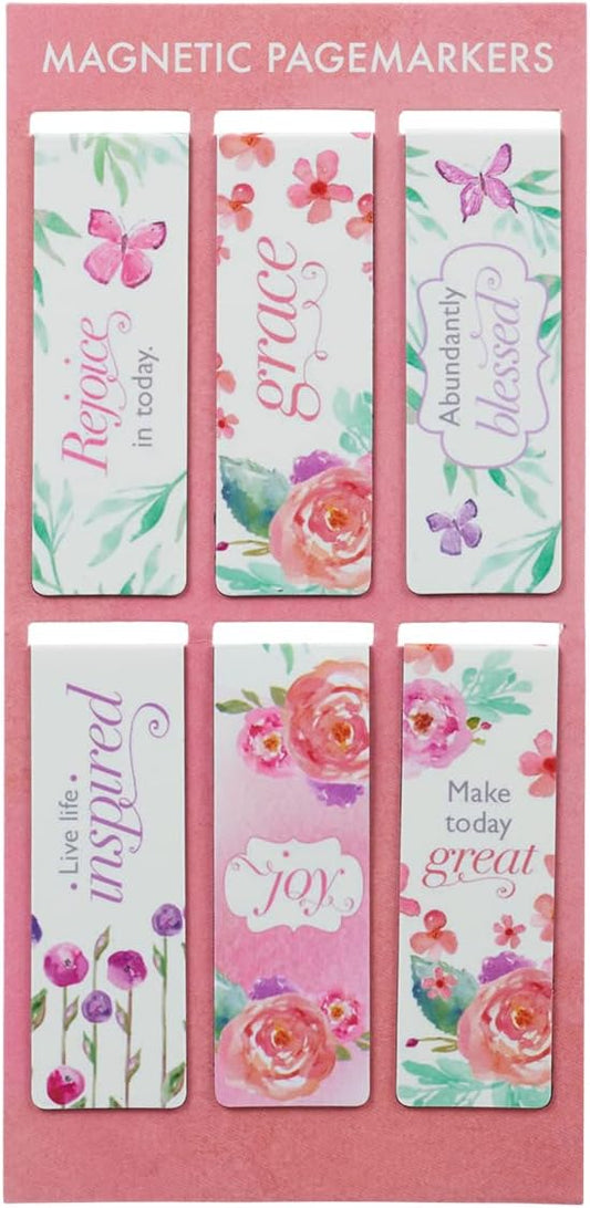 Christian Art Gifts Magnetic Scripture Bookmark Set for Women: Blossoms of Blessings - Inspirational Pink & Purple Floral Magnetic Bible Verse Pagemarker Set of 6 for Bibles and Books Size 2.3” x 0.8”
