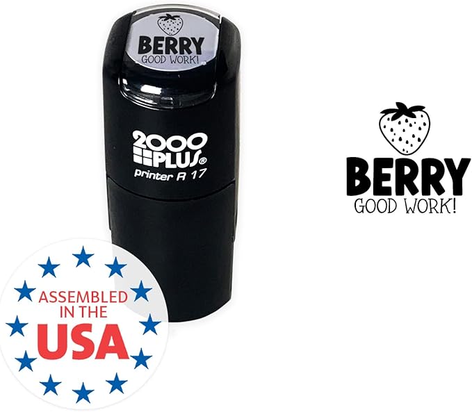 Berry Good Work Stamp / 2000 Plus Self Inking Teacher Strawberry Fruit Food Themed Stamper / 9/16" Round Small Black Imprint Planner Worksheet School Homework Classroom Stamp