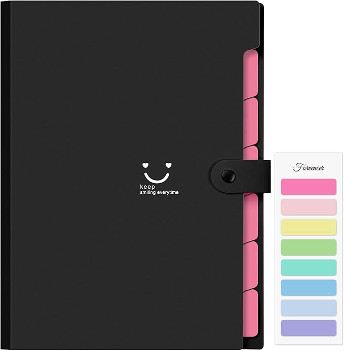Forvencer Accordion File Organizer, Letter Size, 7 Pocket Expanding File Folder, Cute File Folder with Labels, Portable File Organizer for School Office Supplies, Folders for Documents, Black