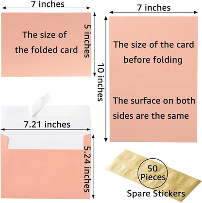 Wishop 50 Pack Shiny Self-Adhesive Envelopes with Shiny Fold Cards for Wedding Invitations, Greeting Cards, Baby Shower, Letter Mailing (Pink, 5x7)