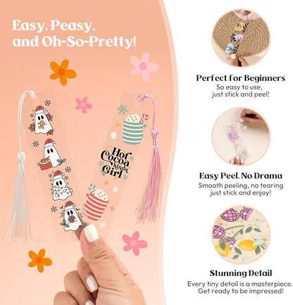 48PCS Bookmark Making Kit, 24 Acrylic Bookmark Blanks with 24Pcs Tassels, 24UV Stickers about Christmas Theme, DIY Blank Bookmarks Waterproof UV DTF Transfers Stickers for Clear Bookmarks DIY Projects