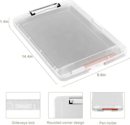 Piasoenc Clipboard with Storage, 8.5 x 11 Organization Box with Pen Holder and A4 Legal Paper Folder, Heavy Duty Plastic, Folio & Side-Opening, Low Profile Clip, for Nurses,Teachers, Translucent
