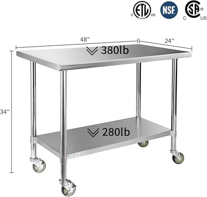 STABLEINK Stainless Steel Table with Caster Wheels 24 x 48 Inches, NSF Commercial Prep & Work Table with Adjustable Undershelf and Table Foot, for Commercial Kitchen, Restaurant, Hotel and Garage