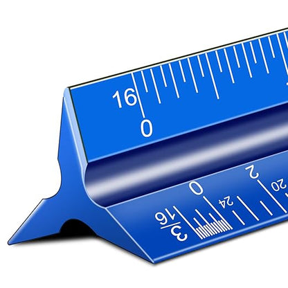 Architectural Scale Ruler, 12'' Imperial Architect Scale, Engineer Scale Ruler for Blueprints, Aluminum Triangle Drafting Ruler (Blue)