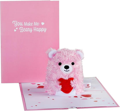 Lovepop Plushpop Soft Animal Pop-Up Card for Her and Him - 3D Bear Everyday Greeting Card for Boys, Girls, Men, Women - Beary Happy - 6" x 8" Card - Pink