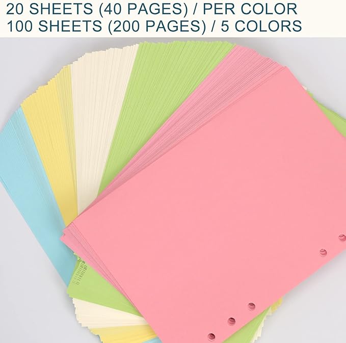 A5 Refills Paper, A5 Binder Planner Loose Leaf Paper, [5 Color] 100 Sheets (200 Pages) 6-Hole Notebook Refills for 6-Ring Refillable A5 Ring Binder Notebook Planner, Blank Paper