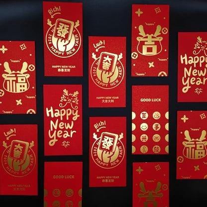 Red Envelopes Chinese 12 PCS,Lucky Money Envelopes,Gold Foil New Year Wishes Envelopes Red Pocket Hong Bao 6 Designs For 2024 The Dragon Lunar Year Spring Festival Birthday Wedding Party Cash Gifts