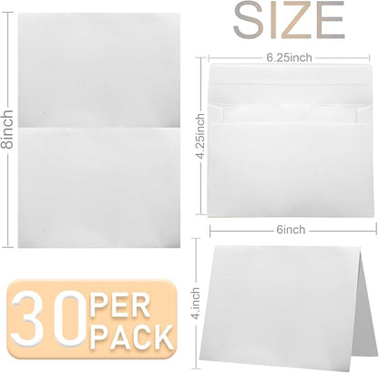 White card and envelope 30 pieces each, thank you blank greeting card and envelope, white A4 blank card, 4x6 envelope invitation, suitable for printing custom, suitable for various occasions DIY
