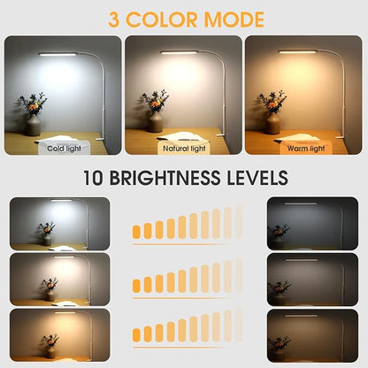 LED Desk lamp with Clamp, Eye-Caring Clip on Lights for Home Office, 3 Modes 10 Brightness, Long Flexible Gooseneck,Metal, Swing Arm Architect Task Table Lamps with USB Adapter, White