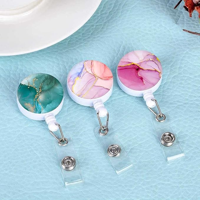 Retractable Badge Reel, Badge Holder with Alligator Clip, Cute Badge Clip on ID Name Card Holders for Nurse Doctor and Office (3Pack Watercolor Marble)