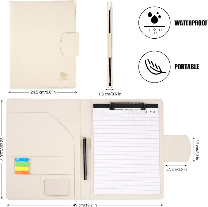 Clipboard Folder Folder DIN A4,All-in-One Business Leather Document Clip Board with Magnetic Cover,Conference Folder Document Organizer with Papers,Sticky Tabs,Pen,Work Folio for Women & Man,Beige