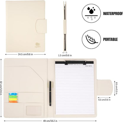 Clipboard Folder Folder DIN A4,All-in-One Business Leather Document Clip Board with Magnetic Cover,Conference Folder Document Organizer with Papers,Sticky Tabs,Pen,Work Folio for Women & Man,Beige
