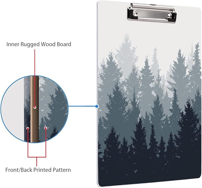 WAVEYU Fashion Cute Clipboard, Decorative Office School Hardboard Wood Nursing Clip Board for Standard A4 Letter Size for Students, Women, Men and Kids, 12.5"x 9", Forest Pattern