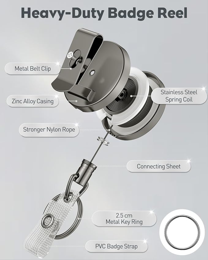 Uniclife 5 Pack Metal Retractable Keychain Heavy Duty Retractable Badge Reel for Badge Holder All Metal Casing with Stainless Steel Spring Coil 27.5 Inch Nylon Rope Belt Clip and Key Ring