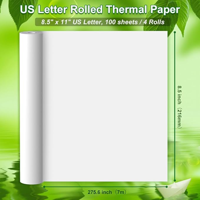 Thermal Printer Paper 8.5 x 11 Inch, US Letter Size Quick-Dry Thermal Printing Paper Rolls, Thermal Paper Compatible with M08F-Letter, M832, M834, MT800, MT800Q Portable Printer, 100 sheets / 4 Rolls