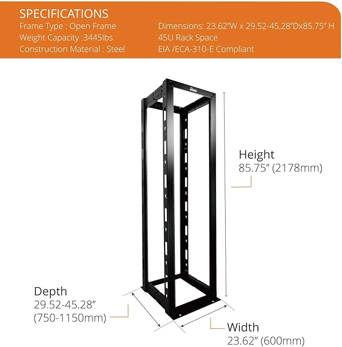 45U Open Frame Server Rack,4-Post Adjustable Depth 23.6 inch-39.3 inch Frame Rack,Professional It Rack for 19 inch Computer/AV/Data/IT Equipment,Tapped Hole