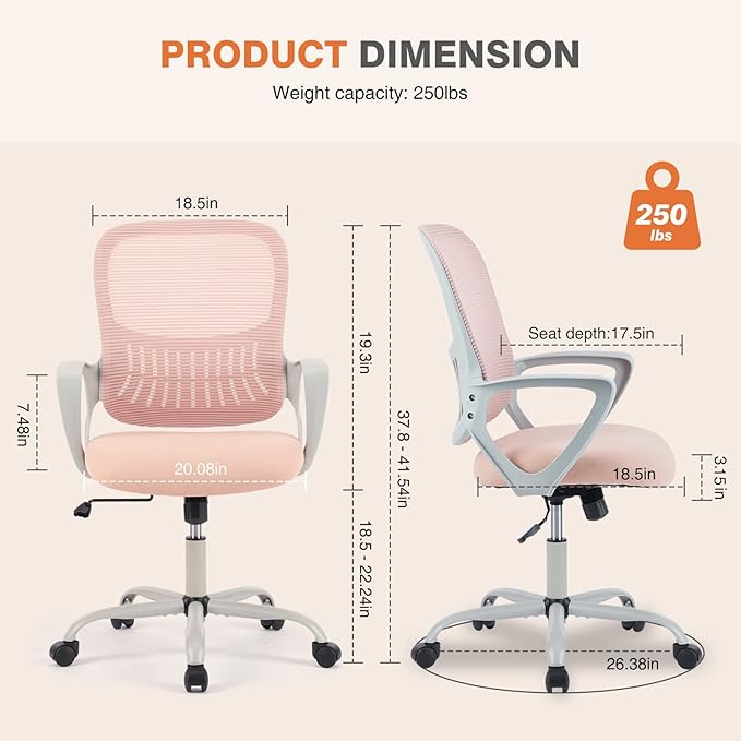 Sweetcrispy Office Computer Desk Managerial Executive Chair, Ergonomic Mid-Back Mesh Rolling Work Swivel Chairs with Wheels, Comfortable Lumbar Support, Comfy Arms for Home,Bedroom,Study,Student,Pink