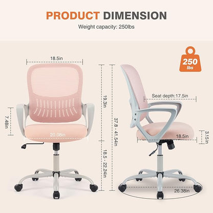 Sweetcrispy Office Computer Desk Managerial Executive Chair, Ergonomic Mid-Back Mesh Rolling Work Swivel Chairs with Wheels, Comfortable Lumbar Support, Comfy Arms for Home,Bedroom,Study,Student,Pink