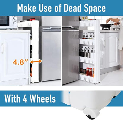 Slim Rolling Storage Cart 4 Tier, Small Plastic Kitchen Laundry Room Cart, Mobile Storage Organizer Shelves, Utility Cart Tower Rack for Bathroom Bedroom (White)