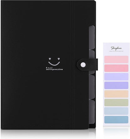 SKYDUE File Folder with 8 Labels, 5 Pockets Accordion Paper Organizer for School and Office，A4 Letter Size，Black