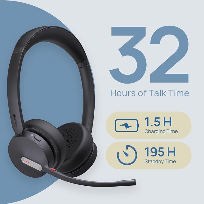 Yealink WH64 Dual UC DECT & Bluetooth Wireless Headset, 606ft Range,Zoom,Skype Certified,On Ear Work Wired Headphone with 3X Noise Cancelling Mic, 32 Talk Time, Office Desk IP Phone, PC,Computer