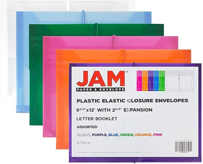 JAM PAPER Plastic Expansion Envelopes with Elastic Band Closure - Letter Booklet - 9 3/4 x 13 with 2.5 Inch Expansion - Assorted Colors - 6/Pack