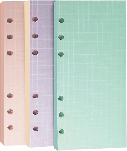 A6 Refills Paper, 3 Pack 40 Sheets A6 Colorful Grid Binder Paper, 3 Pcs Binder Pockets, 1 Page Marker - 6 Hole Notebook Inserts for 6 Ring Refillable A6 Binder Notebook Planner
