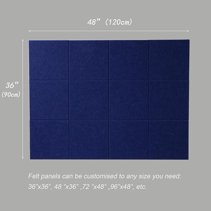LAJAR Large Felt Wall Tiles, 12 Pack Cork Board Alternative with Removable Adhesive Tabs, Bulletin Pin Boards for Office, School and Home (Dark Blue)