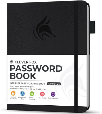 Clever Fox Password Book with Alphabetical tabs. Internet Address Organizer Logbook. Large Password Keeper for Website Logins (Black)