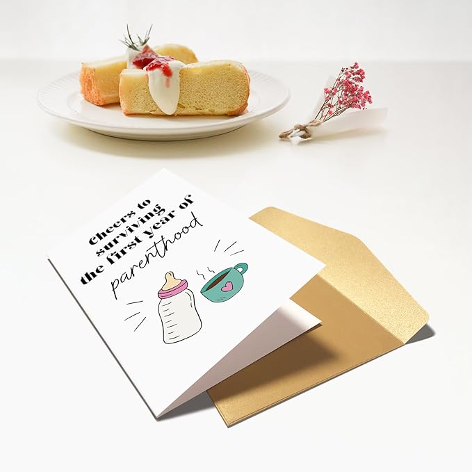 Funny Baby First Birthday Card for New Parents, Baby's 1st Birthday Card for First Time Parents, One Year Parenthood Card, New Parents Gifts, Cheers to Surviving the First Year of Parenthood Card