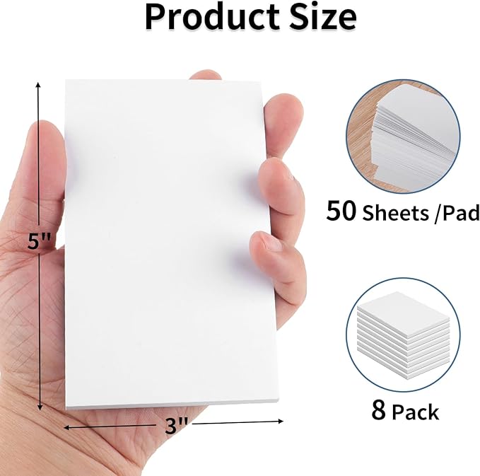 Note Pads 3x5 In, 8 Pack Blank Notepad, White Scratch Pads for Writing, 50 Sheets Per Memo Pad for Jotting Down Quick Notes, Pads of Paper for Grocery and Shopping Lists, Small Server Notebook