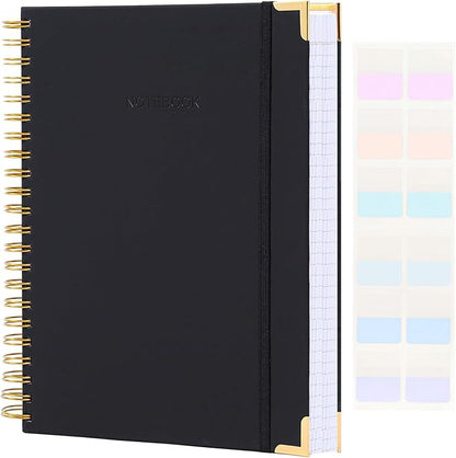 Spiral Notebook, Hardcover Leather Journal for Women Men, 300 Page Thick Notebooks College Ruled for Work, School, Note Taking, Writing Journals, Large A5 Notebook with Tabs Sticky, 5.7" x 8.5", Black