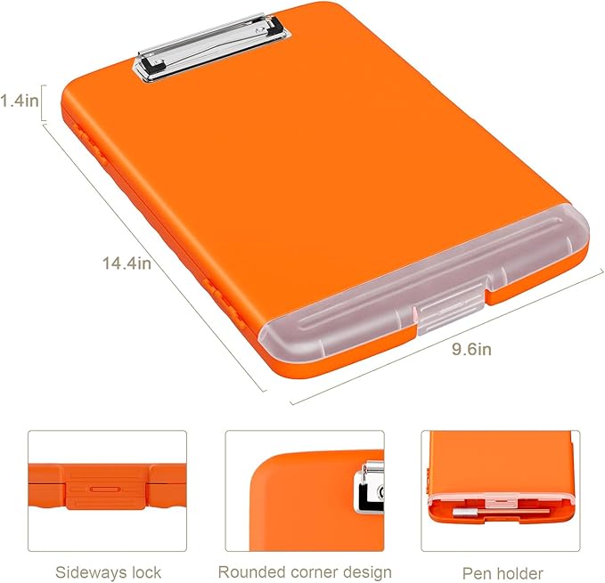Piasoenc Clipboard with Storage, 8.5 x 11 Organization Box with Pen Holder and A4 Legal Paper Folder, Heavy Duty Plastic, Folio & Side-Opening, Low Profile Clip, for Nurses, Teachers, Orange