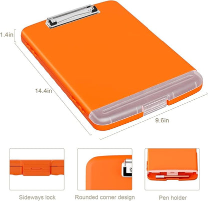 Piasoenc Clipboard with Storage, 8.5 x 11 Organization Box with Pen Holder and A4 Legal Paper Folder, Heavy Duty Plastic, Folio & Side-Opening, Low Profile Clip, for Nurses, Teachers, Orange