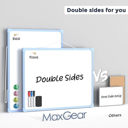 MaxGear Double-Sided Dry Erase Board for Wall, 16"x12" Hanging Whiteboard, Small Dry Erase White Board kit, Portable Whiteboard for Students - Planning, Drawing, Memo, to Do List, Blue Frame