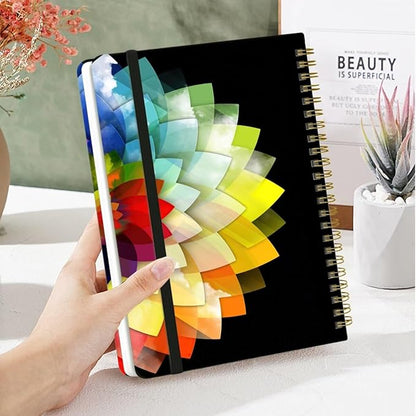 Spiral Notebook - A5 Spiral Notebooks, 8.3'' × 5.8'', 160 Pages, Aesthetic Journaling Notebooks for Women, College Lined Notebook with Elastic Closure, Back Pocket, for School Office, Half Flower