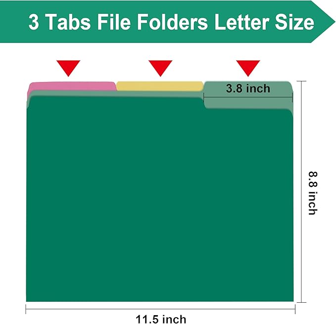 File Folders,18 Pack Two-Tone Colored File Folders Letter Size,Green Folders for School Office Supplies Documents Organization - 1/3-Cut Tabs