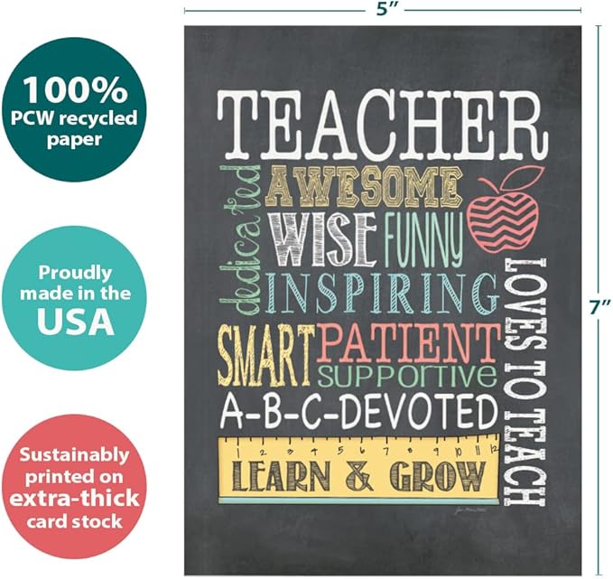 Tree-Free Greetings Teacher Appreciation Cards - Artful Designs - 2 Cards + Matching Envelopes - Made in USA - 100% Recycled Paper - 5"x7" - Lighthearted, For Teacher, Awesome Teacher (GT64456)