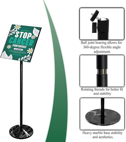 Adjustable Sign Holder 11 x 17, Floor Standing Sign Holder with Heavy Duty Marble Pedestal, Both Vertical & Horizontal View Sign Displayed Poster Stand for Store Business Show（Round）
