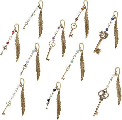 10pcs Feather Bookmarks, Metal Crystal Bookmarks Vintage Gemstone Beading Bookmarks Antique Bronze Key Book Markers for Reading Book Lovers Teacher's Day Delicate Gifts