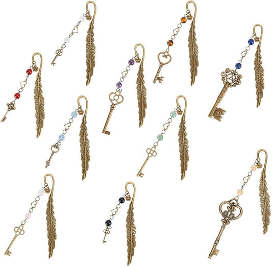 10pcs Feather Bookmarks, Metal Crystal Bookmarks Vintage Gemstone Beading Bookmarks Antique Bronze Key Book Markers for Reading Book Lovers Teacher's Day Delicate Gifts