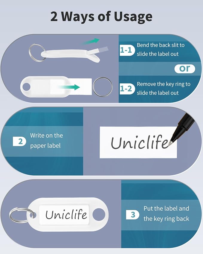 Uniclife 10 Pieces Key Tags 2 Inch Soft Plastic Key Chain Tags with Blank Paper Labels Clear Windows Protective Films and Split Rings Flexible Item Identifiers, White