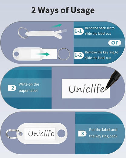 Uniclife 10 Pieces Key Tags 2 Inch Soft Plastic Key Chain Tags with Blank Paper Labels Clear Windows Protective Films and Split Rings Flexible Item Identifiers, White