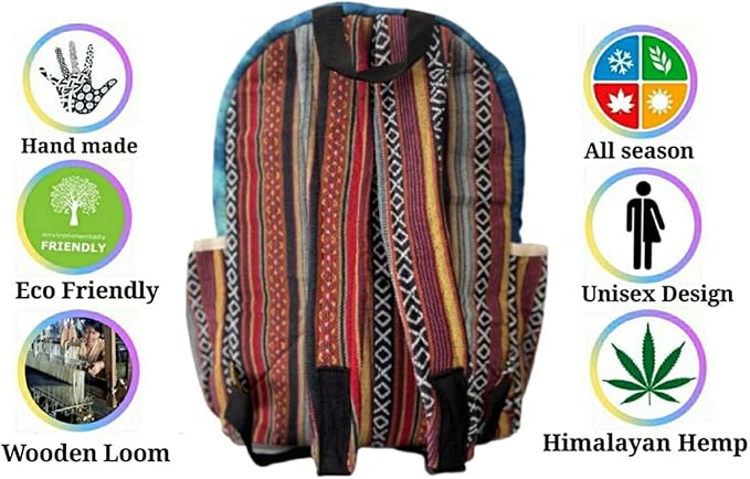 Zillion Craft himalayan hemp back pack. Hand made Bohemian style large size back pack for college laptop travelling. Multi pocket strong back pack.