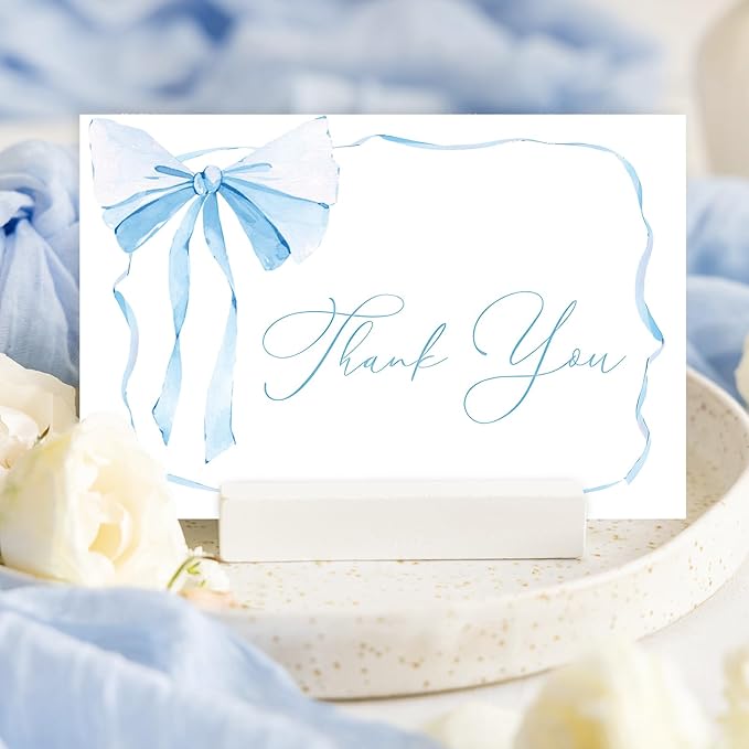 Whaline 24 Packs Blue Bow Thank You Cards Coquette Bowknot Greeting Cards Blank Note Cards with Envelopes and Stickers for Birthday Wedding Baby Shower, 4 x 6 Inch