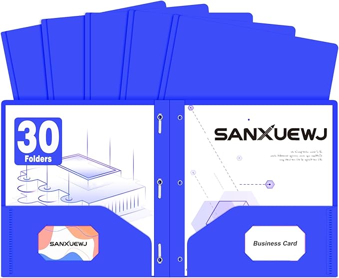 30 Pack Two Pocket Folders Business Card Holder Plastic Folders with Prongs for School Office Filing Cabinet Resume Portfolio (Blue)