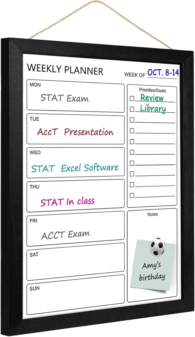 Dry Erase White Board Weekly Calendar Board, Magnetic Whiteboard for Wall,13“x17 Solid Wood Black Framed Message Board, Planner Board for Office, Home, School（Weekly-BB-BK-3343